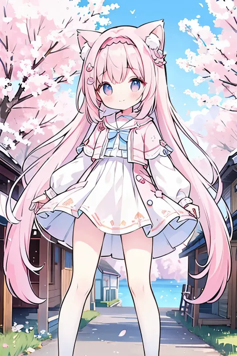 a 16-year-old girl on the street,loli body type,long hair,dissemination,pink gradient eyes,spring,white short dress with floral ...