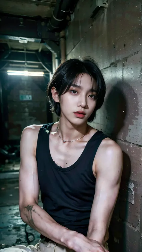 Realistic photos, 8k,(((In the sewer,Crouching,It is dirty,Bad smell,dirty,Homeless,Handsome young Korean ladyboy with bob cut))),(((Big eyes,Glaring at the camera,Unpleasant,Bad mood))),Chest is male,18-year-old,(Ultra-realistic), (figure), (High resoluti...