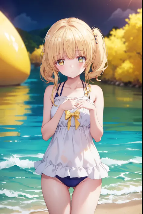 Mahiru shiina, , blonde, (Yellow Eyes:1.3)、Twin tails,,blush,smile,in the sea、Wearing a cute swimsuit,Daytime、Wear a swimsuit、Captivating thighs、Beautiful bare legs, Skimpy swimwear、bikini、School swimsuit
（masterpiece:1.2), highest quality, High resolution...