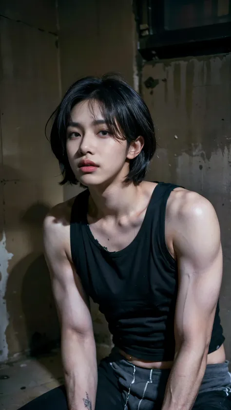 Realistic photos, 8k,(((In the sewer,Crouching,It is dirty,Bad smell,dirty,odor,Homeless,Depraved,Handsome young Korean ladyboy with bob cut))),(((Big eyes,Glaring at the camera,Unpleasant,Bad mood))),Chest is male,18-year-old,(Ultra-realistic), (figure), ...