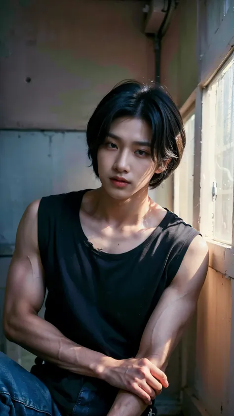 Realistic photos, 8k,(((dirty下水道の中,Crouching,It is dirty,Bad smell,dirty,odor,Homeless,Depraved,Handsome young Korean ladyboy with bob cut))),(((Very big beautiful eyes,Glaring at the camera,Unpleasant,Bad mood))),Chest is male,18-year-old,(Ultra-realistic...