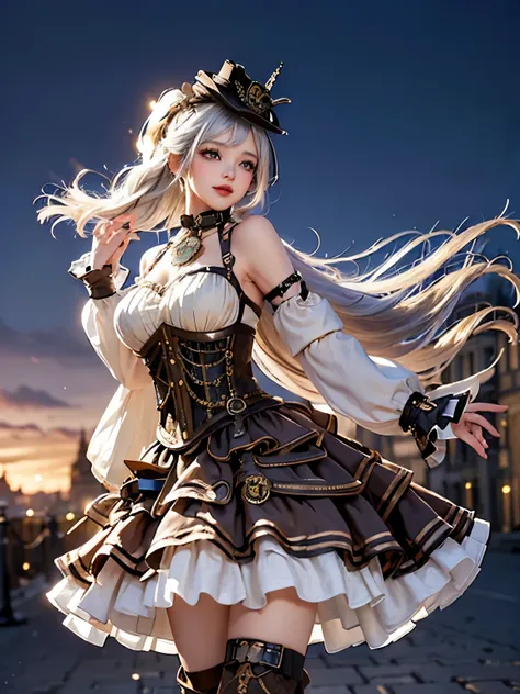 ((steampunk:1.5))(background: london at night))((alone、a woman wearing a long halter dress、elegant woman posing:1.4、detailed fac...