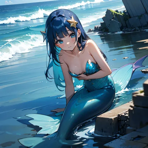 girl、Watercolor hair、Star-shaped hair ornament、mermaid、Ruins by the sea、water