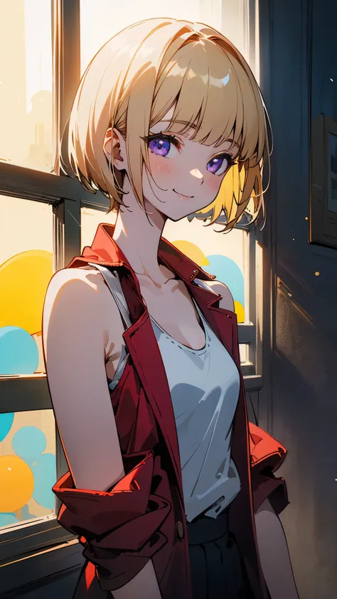 masterpiece、highest quality、High resolution、Anime-style paintings、One Girl、alone、White skin、(blonde)、short hair、Bobcut、Blunt bangs、Beautiful purple eyes、smile、smile、From the side、Slender body、Tank top、Red jacket、Upper body close-up、 (Out of the window: 1.1...