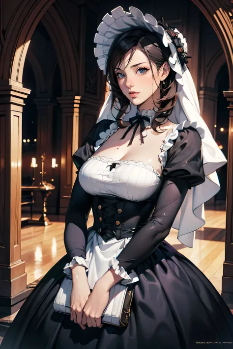 highest quality, masterpiece, Symmetrical and highly detailed eyes, flesh female, Highly detailed background, tendency (Art Station:1.46), Surreal, Cinema Lighting, Studio Quality, 8k resolution, masterpiece, A scene from a tea party with gothic lolita cos...