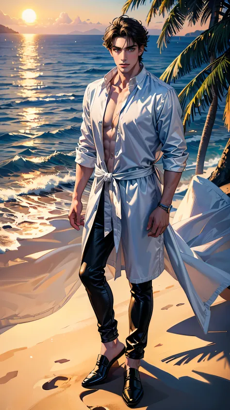 ((masterpiece, Best quality, a high resolution, ultra detailed),(beautiful and aesthetically pleasing:1.2), 1 man, adult, perfect body, Wavy short dark hair, green eyes, Detailed eyes and face, male body, male focus, muscle body, long oversized shirt, beac...