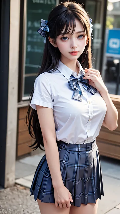 (masterpiece:1.2, highest quality), (Realistic, photoRealistic:1.4), A high school girl is standing outdoors、whole body、
View your viewers, whole body, Front view:0.6, 
1 girl, Japanese, high School girl, (Long Hair:1.5), Hair fluttering, (Half Up, Half Up...