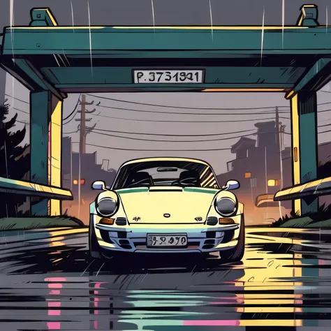 Dark beige Porsche 911 rwb, pop art,  cartoonish style , sketch, detailed illustration, large wheels, wide bodykit ((([Dark grey background]))), under a bridge, green colour, night time, rainy weather