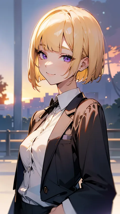 1 girl、solo、(blonde)、short hair、bobcut、blunt bangs、beautiful purple eyes、a calm face、mouth closed、cheeky smile、from the side、sle...