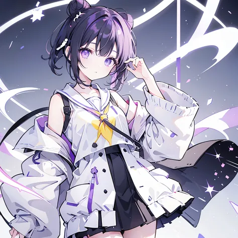 Short black hair with half twin buns、He has heterochromatic eyes, with a purple left eye and a yellow right eye.、A cute and lively girl wearing earphones