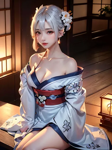 ((alone、A woman wearing a kimono with a flower pattern loosely、A woman holding a smoking pipe poses elegantly while sitting:1.4、Detailed face、Younger, brighter, whiter skin、Best Looks、The ultimate beauty、White hair with dazzling highlights、Shiny bright hai...