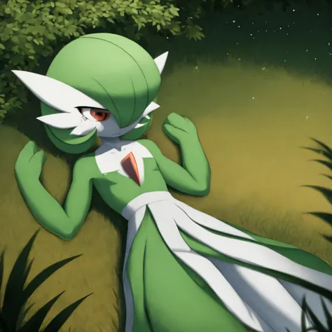 best quality, gardevoir, pokemon, short height, red eyes, green hair, sad, crying, slim, slender body, skinny legs, looking at v...