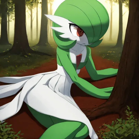 best quality, gardevoir, pokemon, short height, red eyes, green hair, sad, crying, slim, slender body, skinny legs, looking at v...