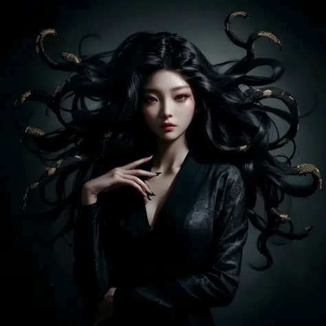 Modern Medusa、A young Japanese woman with dark hair poses for a photo, dark Portrait of Medusa, Many snakes like her hair, Dark Queen of Snakes, Woman medusa long hair, Long, flowing Medusa hair, Beautiful witch with long hair, Beautiful female gorgon, God...