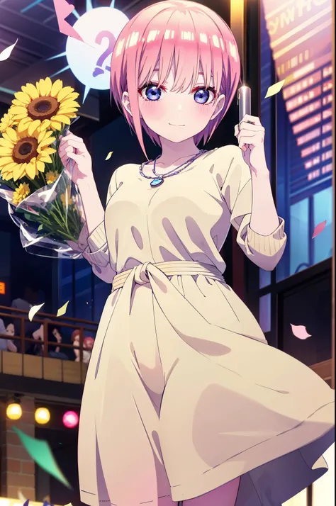 ichikanakano, ichika nakano, short hair, bangs, blue eyes, Hair between the eyes, smile,Pink Hair,,smile,blush,白色No sleeveドレス,Long skirt,White stiletto heels,No sleeve,naked,nakedの腕,nakedの首,nakedの鎖骨,holding a large bouquet of flowers in each hand,Locket Ne...