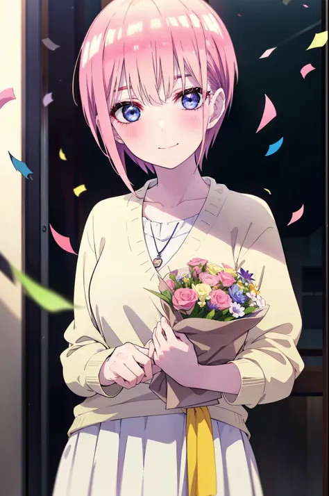 ichikanakano, ichika nakano, short hair, bangs, blue eyes, Hair between the eyes, smile,Pink Hair,,smile,blush,白色No sleeveドレス,Long skirt,White stiletto heels,No sleeve,naked,nakedの腕,nakedの首,nakedの鎖骨,holding a large bouquet of flowers in each hand,Locket Ne...
