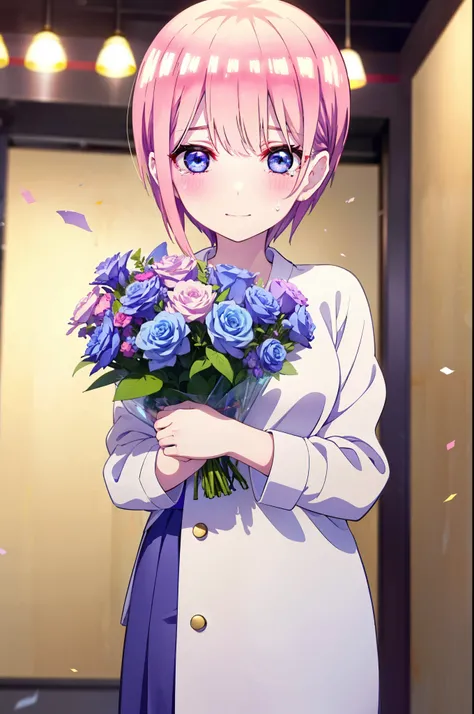 ichikanakano, ichika nakano, short hair, bangs, blue eyes, Hair between the eyes, smile,Pink Hair,,smile,blush,白色No sleeveドレス,Long skirt,White stiletto heels,No sleeve,naked,nakedの腕,nakedの首,nakedの鎖骨,holding a large bouquet of flowers in each hand,Locket Ne...