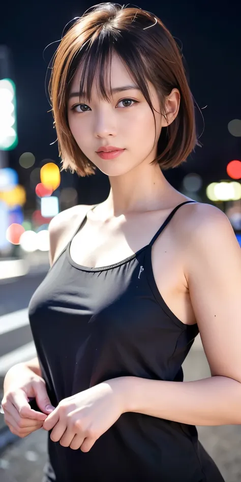 1 Girl, Tokyo Street,night, Streetscape,City lights,Upper Body,close,smile,, (8K, Raw photo, highest quality, masterpiece:1.2),(Realistic, photo-Realistic:1.37),