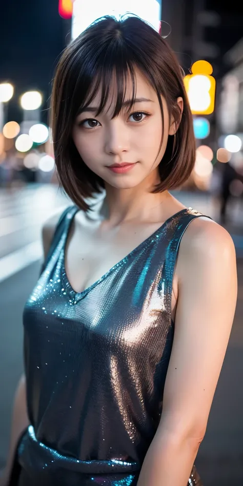 1 Girl, Tokyo Street,night, Streetscape,City lights,Upper Body,close,smile,, (8K, Raw photo, highest quality, masterpiece:1.2),(Realistic, photo-Realistic:1.37),