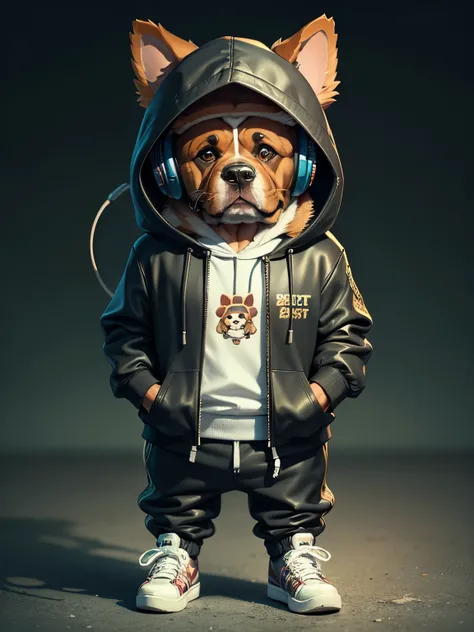 c4tt4stic, Cartoon dog breed Saint Bernard in a hoodie and leather pants and sneakers with headphones