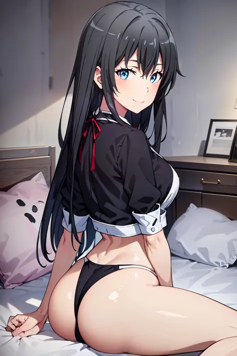 8K Photograph, FULL HDR,1girl, Yukinoshita Yukino, Thicc ass, ((LAYING DOWN ON BED SHOWING ASS)), wearing swimsuit, long hair , looking at the camera, smile