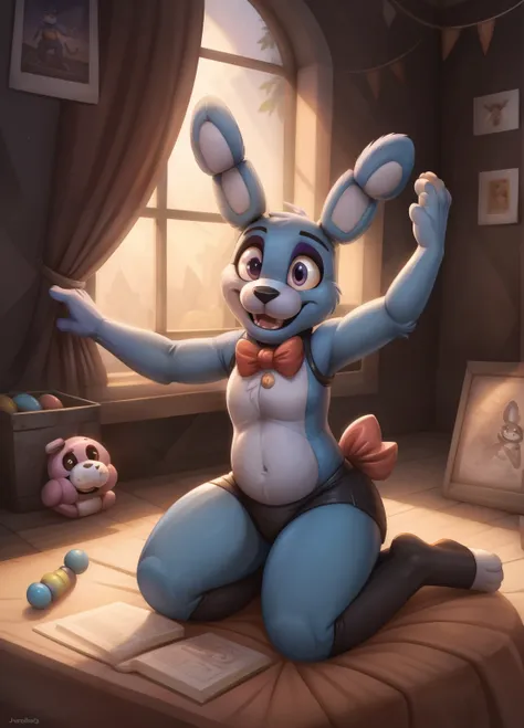 (best quality,highres:1.2), realistic, detailed illustration, toy bonnie from five nights at freddy's, playful and vibrant color...