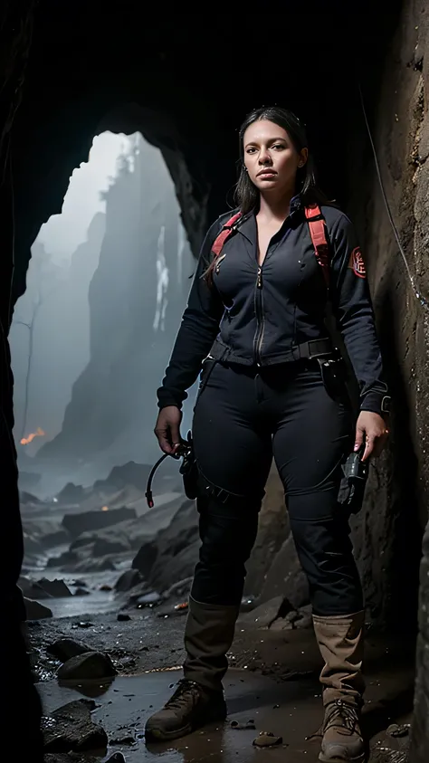 Photo of a fearless female firefighter in her full firefighting gear, standing confidently in a dark and treacherous cave, wearing a sturdy firefighter suit, rugged rock formations.
open suit, cleavage, sweaty, wet clothes, sexy, smoke