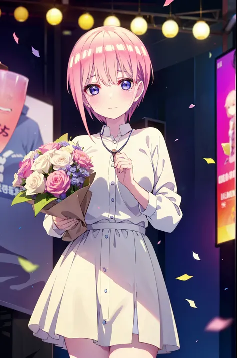 ichikanakano, ichika nakano, short hair, bangs, blue eyes, Hair between the eyes, smile,Pink Hair,,smile,blush,白色No sleeveドレス,Long skirt,White stiletto heels,No sleeve,naked,nakedの腕,nakedの首,nakedの鎖骨,holding a large bouquet of flowers in each hand,Locket Ne...