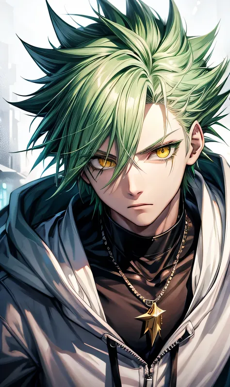 White hoodie,adult,male,Green hair,Spiky Hair,Visual Kei,On the face,Slums,Beautiful Yellow Eyes,Jewelry Eye,dynamic pose, super detailed,