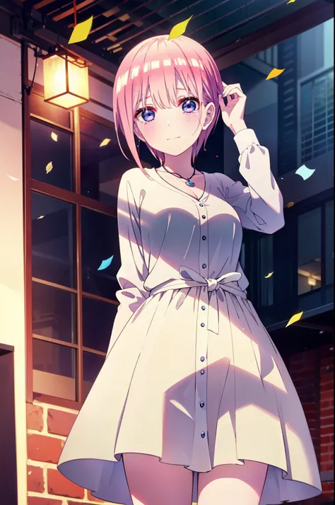 ichikanakano, ichika nakano, short hair, bangs, blue eyes, Hair between the eyes, smile,Pink Hair,,smile,blush,白色No sleeveドレス,Long skirt,White stiletto heels,No sleeve,naked,nakedの腕,nakedの首,nakedの鎖骨,holding a large bouquet of flowers in each hand,Locket Ne...