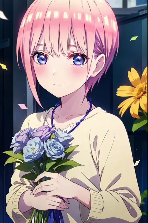 ichikanakano, ichika nakano, short hair, bangs, blue eyes, Hair between the eyes, smile,Pink Hair,,smile,blush,白色No sleeveドレス,Long skirt,White stiletto heels,No sleeve,naked,nakedの腕,nakedの首,nakedの鎖骨,holding a large bouquet of flowers in each hand,Locket Ne...