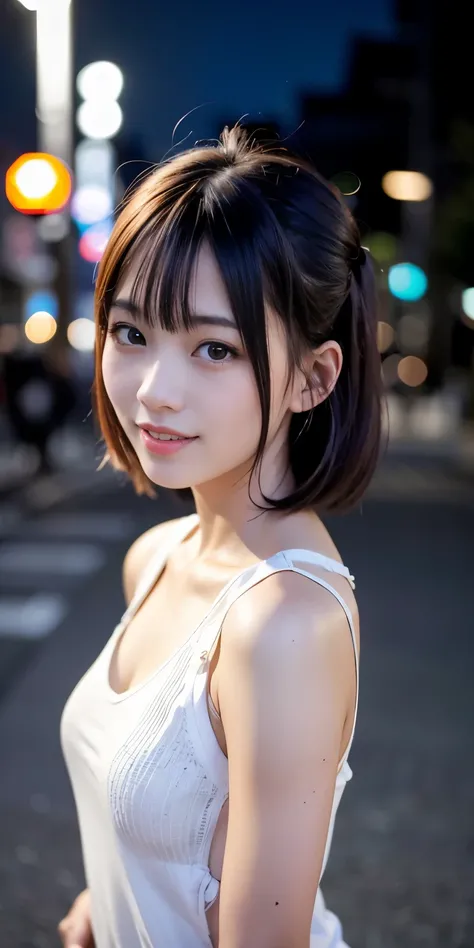 1 Girl, Tokyo Street,night, Streetscape,City lights,Upper Body,close,smile,, (8K, Raw photo, highest quality, masterpiece:1.2),(Realistic, photo-Realistic:1.37),