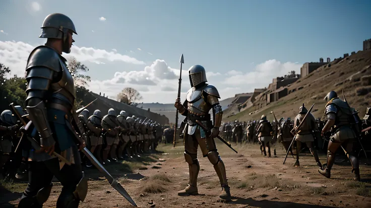 Philistine soldiers around Goliath, Wearing armor and armed with a spear and axe. RAW photos, small details, realistic, surreal photo, DSLR, soft lighting, high quality, grain film, Fujifilm XT3, (masterpiece). How the war started, battleground