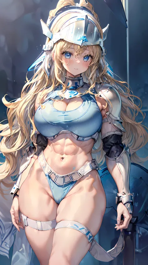 (Adult women:1.5)、Very detailed、highest quality、Best image quality、masterpiece、8k、Anime Face、A kind smile、Open your mouth、Sparkling blue eyes、(Blonde Wavy Hair:1.5)、、Muscles of the whole body、(High leg:1.5)、Thigh belt、(Wearing white bikini armor:1.5)、(Cowb...