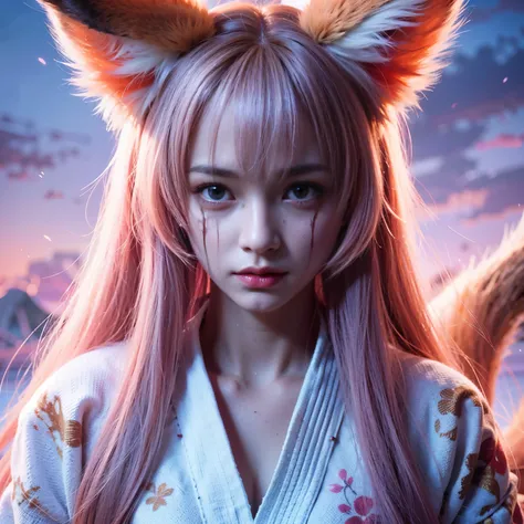 karate, ,( cry), Portrait of a person, Fantasy art, (cyber punk), A girl with fox ears and a fox tail,, Natural light, masterpiece, 1 beautiful girl, Detailed eyes, Swollen eyes, highest quality, A High resolution, Asian Beauties, Very very beautiful, Beau...