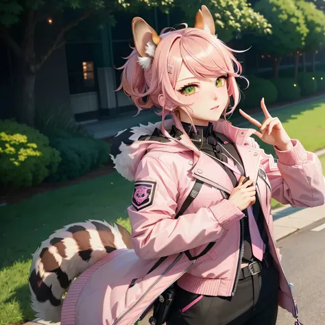 anime boy with pink jacket and squirrel ears holding a cell phone, green eyes, key anime art, key anime visuals, best anime 4k konachan wallpaper, digital art from danganronpa, handsome anime pose, fine details. girls frontline, chiaki nanami from danganro...