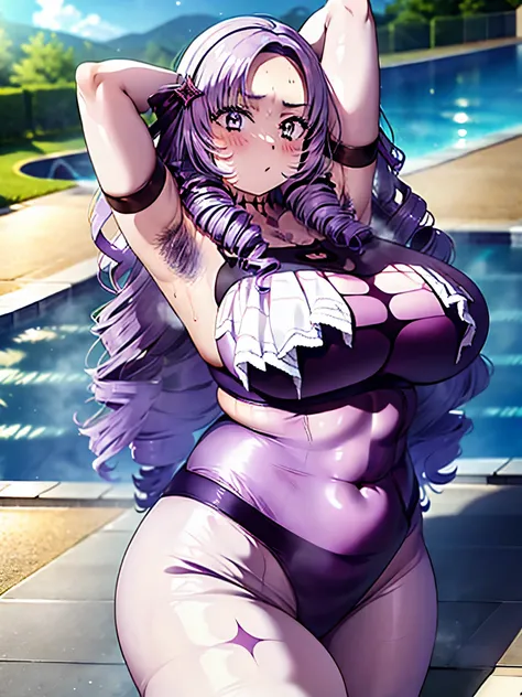 Girl in one piece swimsuit, Curvaceous loot, Purple Hair,Purple eyes,Muscular!!,Blushed,vapor,Sweat,体から出るvapor,thick-boned,Large swollen areola visible even through clothing,Show your armpits,No sleeve,In the pool,Lying down