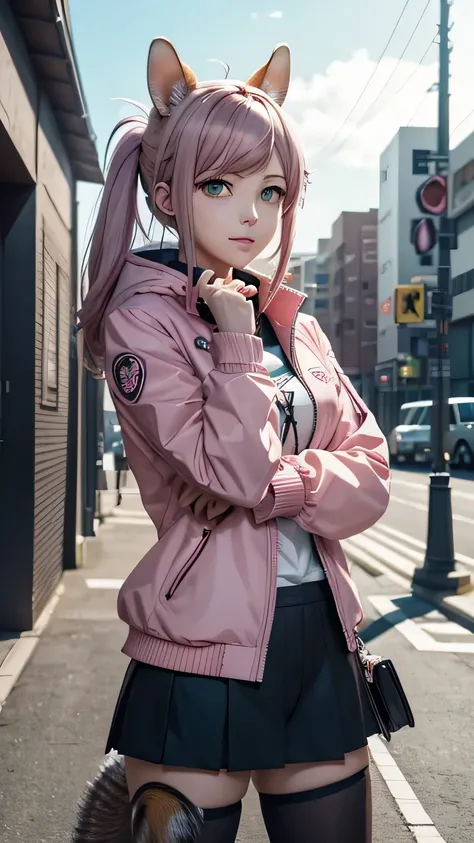 anime boy with pink jacket and squirrel ears holding a cell phone, green eyes, key anime art, key anime visuals, best anime 4k konachan wallpaper, digital art from danganronpa, handsome anime pose, fine details. girls frontline, chiaki nanami from danganro...