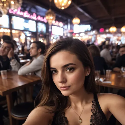 Fille de 25 ans dans un pub (selfie), 35mm, F/2.8, nue, insanely detailed and intricate, Personnage, elegant, ornate, beau, exotique, developer, attirant, attractif, amoureux, hyper realistic, super detailed, peau claire