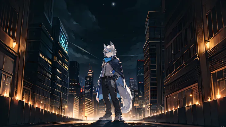 ((masterpiece)),((best quality)),((High Detail)),((Practical,)) Futuristic city, Building Street，Cyberpunk, building, night, rainy, Wolf Ears, wolf Tail, hairy, hairy male, Sky, Star, Sky blue eyes and light blue eyes, Abnormal pupils, Star-shaped pupil, w...