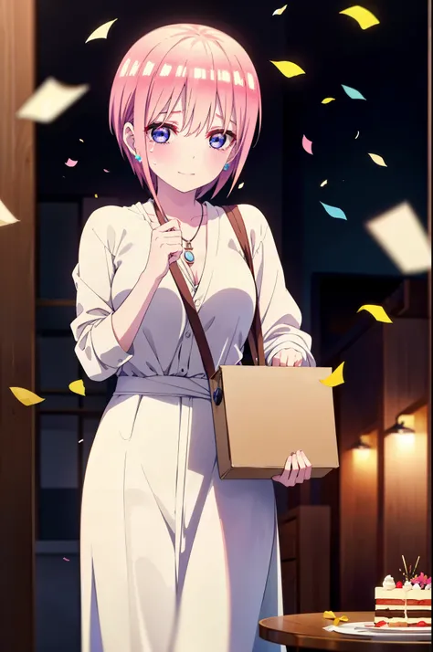 ichikanakano, ichika nakano, short hair, bangs, blue eyes, Hair between the eyes, smile,Pink Hair,,smile,blush,白色No sleeveドレス,Long skirt,White stiletto heels,No sleeve,naked,nakedの腕,nakedの首,nakedの鎖骨,holding a large bouquet of flowers in each hand,Locket Ne...