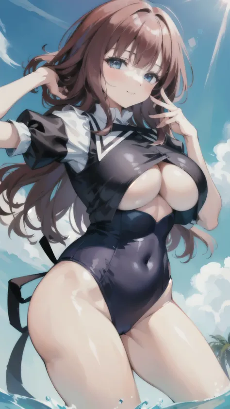 masterpiece, highest quality, Disorganized, Perfect Anatomy, Kaede Joanne Nouvel, Long Hair, smiling , (((busty))), ,1girl, large breasts , sensual body, Her cheeks flushed, swimwear , Forward bend , looking at me