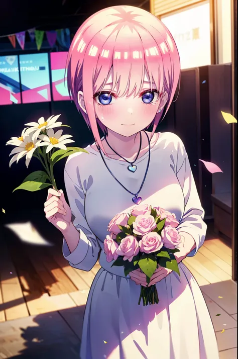 ichikanakano, ichika nakano, short hair, bangs, blue eyes, Hair between the eyes, smile,Pink Hair,,smile,blush,白色No sleeveドレス,Long skirt,White stiletto heels,No sleeve,naked,nakedの腕,nakedの首,nakedの鎖骨,holding a large bouquet of flowers in each hand,Locket Ne...