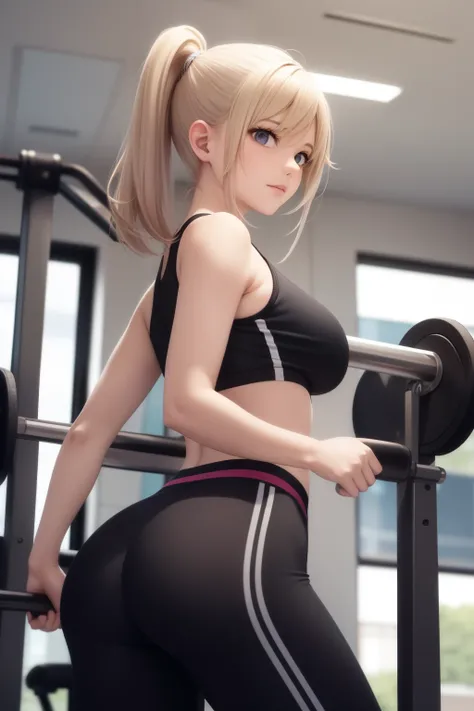 Desenhe uma cena de uma academia movimentada, where everyone is focused on their exercises. No centro da cena, destaque uma garota bonita de anime virada de costas para o observador, looking at the camera over the shoulder. She is wearing a stylish and fas...