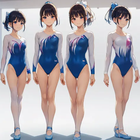 gymnastics club,(4 girls:1.3),(long sleeves leotard:1.3),(solid leotard:1.3),(white leotard),full body, pony tail, blue ribbon, ...