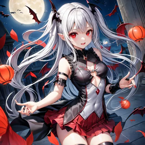 silber hair、red eyes、One Vampire Girl、solo、animesque、doress、a miniskirt、a moon、Bat Wing