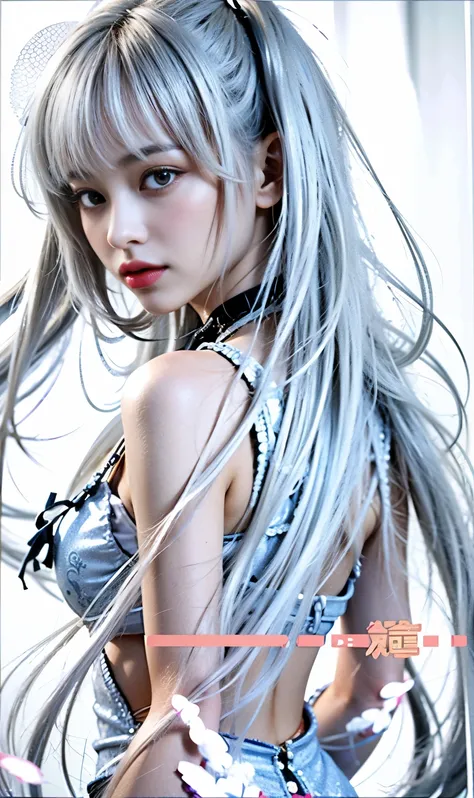 (8k, 4K, highest quality, High resolution, 超High resolution:1.1), (masterpiece, Realistic, photo-Realistic:1.1), One girl, face, close, Twin tails, Blonde, Iris, Red lips, (Look at the audience：2），Absurd long hair，Light silver hair color，Purple Eye