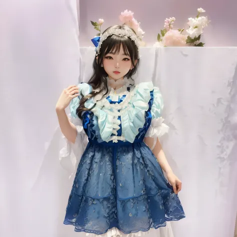 Arav woman in blue dress posing for photo, author：Kojima Ayami, Rococo Ruffle Dress, Ulzan,  Wear clothes, Lace dress, Fairy Tale Core, Belle Delphine, Sakimichan, Shikami, 8k)), Dreamy dress, Rufflesed blooming collar, Japanese clothes, Very very low qual...