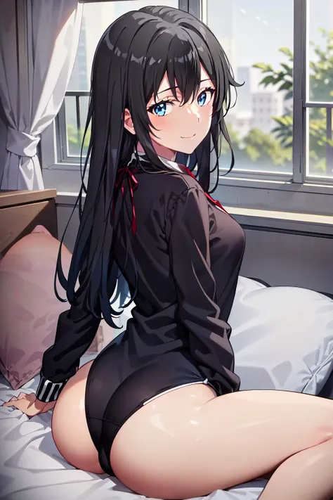 8K Photograph, FULL HDR,1girl, Yukinoshita Yukino, Thicc ass, ((LAYING DOWN ON BED SHOWING ASS)), wearing swimsuit, long hair , looking at the camera, smile