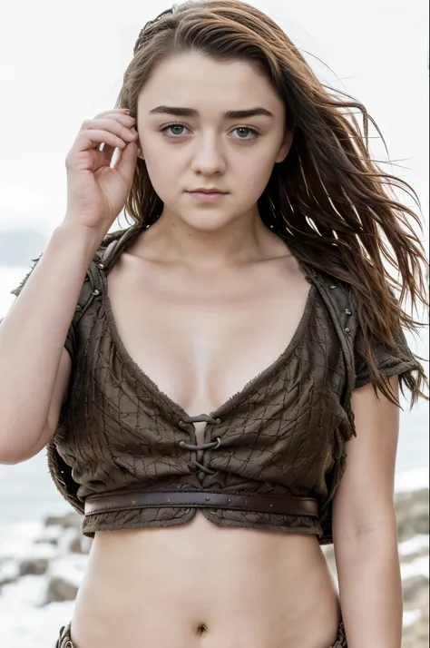 Foto RAW, RAW photograph of Maisie Williams, Arya Stark, Extremely gorgeous lady, Arya Stark PLAYED BY MAISIE WILLIAMS, Queen Arya Stark, she  a mature woman now, milf, sexy mediaeval battle dress, gladiator woman, body, 40 years old Woman, body revealing ...